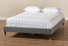 Load image into Gallery viewer, Baxton Studio Volden Glam and Luxe Charcoal Velvet Fabric Upholstered Full Size Wood Platform Bed Frame with Gold-Tone Leg Tips