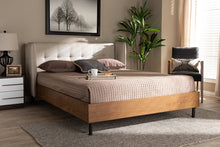 Load image into Gallery viewer, Baxton Studio Catarina Mid-Century Modern Light Beige Fabric Upholstered Walnut Finished Wood King Size Wingback Platform Bed