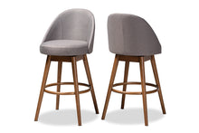 Load image into Gallery viewer, Baxton Studio Carra Mid-Century Modern Grey Fabric Upholstered Walnut-Finished Wood Swivel Bar Stool Set of 2