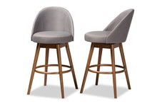 Load image into Gallery viewer, Baxton Studio Carra Mid-Century Modern Grey Fabric Upholstered Walnut-Finished Wood Swivel Bar Stool Set of 2
