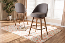 Load image into Gallery viewer, Baxton Studio Carra Mid-Century Modern Grey Fabric Upholstered Walnut-Finished Wood Swivel Bar Stool Set of 2