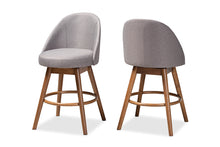 Load image into Gallery viewer, Baxton Studio Carra Mid-Century Modern Grey Fabric Upholstered Walnut-Finished Wood Swivel Counter Stool Set of 2