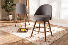 Load image into Gallery viewer, Baxton Studio Carra Mid-Century Modern Grey Fabric Upholstered Walnut-Finished Wood Swivel Counter Stool Set of 2