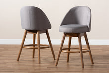 Load image into Gallery viewer, Baxton Studio Carra Mid-Century Modern Grey Fabric Upholstered Walnut-Finished Wood Swivel Counter Stool Set of 2