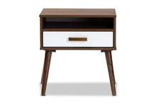 Load image into Gallery viewer, Baxton Studio Quinn Mid-Century Modern Two-Tone White and Walnut Finished 1-Drawer Wood End Table