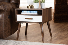 Load image into Gallery viewer, Baxton Studio Quinn Mid-Century Modern Two-Tone White and Walnut Finished 1-Drawer Wood End Table
