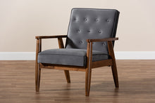 Load image into Gallery viewer, Baxton Studio Sorrento Mid-century Modern Grey Velvet Fabric Upholstered Walnut Finished Wooden Lounge Chair