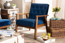 Load image into Gallery viewer, Baxton Studio Sorrento Mid-century Modern Navy Blue Velvet Fabric Upholstered Walnut Finished Wooden Lounge Chair