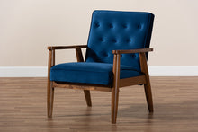 Load image into Gallery viewer, Baxton Studio Sorrento Mid-century Modern Navy Blue Velvet Fabric Upholstered Walnut Finished Wooden Lounge Chair