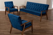 Load image into Gallery viewer, Baxton Studio Sorrento Mid-century Modern Navy Blue Velvet Fabric Upholstered Walnut Finished 3-Piece Wooden Living Room Set