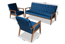 Load image into Gallery viewer, Baxton Studio Sorrento Mid-century Modern Navy Blue Velvet Fabric Upholstered Walnut Finished 3-Piece Wooden Living Room Set