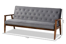 Load image into Gallery viewer, Baxton Studio Sorrento Mid-century Modern Grey Velvet Fabric Upholstered Walnut Finished Wooden 3-seater Sofa