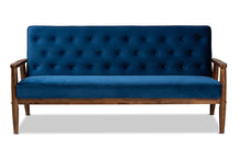 Load image into Gallery viewer, Baxton Studio Sorrento Mid-century Modern Navy Blue Velvet Fabric Upholstered Walnut Finished Wooden 3-seater Sofa