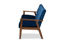 Load image into Gallery viewer, Baxton Studio Sorrento Mid-century Modern Navy Blue Velvet Fabric Upholstered Walnut Finished Wooden 3-seater Sofa