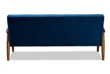 Load image into Gallery viewer, Baxton Studio Sorrento Mid-century Modern Navy Blue Velvet Fabric Upholstered Walnut Finished Wooden 3-seater Sofa