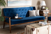 Load image into Gallery viewer, Baxton Studio Sorrento Mid-century Modern Navy Blue Velvet Fabric Upholstered Walnut Finished Wooden 3-seater Sofa