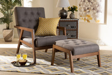 Load image into Gallery viewer, Baxton Studio Naeva Mid-Century Modern Grey Fabric Upholstered Walnut Finished Wood 2-Piece Armchair and Footstool Set