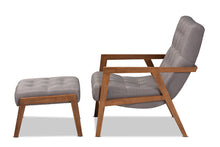Load image into Gallery viewer, Baxton Studio Naeva Mid-Century Modern Grey Fabric Upholstered Walnut Finished Wood 2-Piece Armchair and Footstool Set