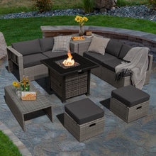 Load image into Gallery viewer, 9 Pieces Outdoor Patio Furniture Set with 32-Inch Propane Fire Pit Table-Gray
