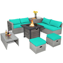 Load image into Gallery viewer, 9 Pieces Outdoor Patio Furniture Set with 32-Inch Propane Fire Pit Table-Turquoise