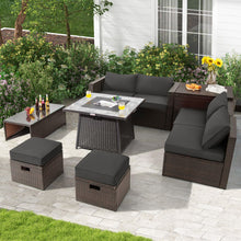 Load image into Gallery viewer, 9 Pieces Patio PE Wicker Sectional Set with 50000 BTU Fire Pit Table-Gray