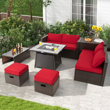 Load image into Gallery viewer, 9 Pieces Patio PE Wicker Sectional Set with 50000 BTU Fire Pit Table-Red