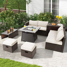 Load image into Gallery viewer, 9 Pieces Patio PE Wicker Sectional Set with 50000 BTU Fire Pit Table-Off White