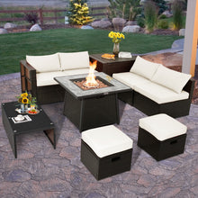 Load image into Gallery viewer, 9 Pieces Patio PE Wicker Sectional Set with 50000 BTU Fire Pit Table-Off White
