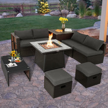 Load image into Gallery viewer, 9 Pieces Patio PE Wicker Sectional Set with 50000 BTU Fire Pit Table-Gray