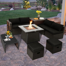Load image into Gallery viewer, 9 Pieces Patio PE Wicker Sectional Set with 50000 BTU Fire Pit Table-Black