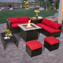 Load image into Gallery viewer, 9 Pieces Patio PE Wicker Sectional Set with 50000 BTU Fire Pit Table-Red