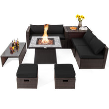Load image into Gallery viewer, 9 Pieces Patio PE Wicker Sectional Set with 50000 BTU Fire Pit Table-Black