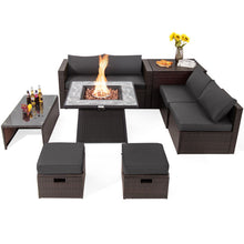 Load image into Gallery viewer, 9 Pieces Patio PE Wicker Sectional Set with 50000 BTU Fire Pit Table-Gray