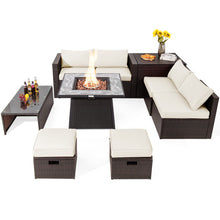 Load image into Gallery viewer, 9 Pieces Patio PE Wicker Sectional Set with 50000 BTU Fire Pit Table-Off White