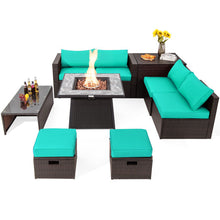 Load image into Gallery viewer, 9 Pieces Patio PE Wicker Sectional Set with 50000 BTU Fire Pit Table-Turquoise