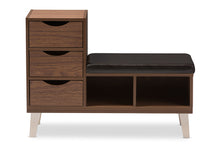 Load image into Gallery viewer, Baxton Studio Arielle Modern and Contemporary Walnut Brown Wood 3-Drawer Shoe Storage Padded Leatherette Seating Bench with Two Open Shelves