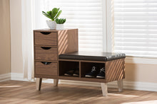 Load image into Gallery viewer, Baxton Studio Arielle Modern and Contemporary Walnut Brown Wood 3-Drawer Shoe Storage Padded Leatherette Seating Bench with Two Open Shelves