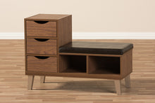 Load image into Gallery viewer, Baxton Studio Arielle Modern and Contemporary Walnut Brown Wood 3-Drawer Shoe Storage Padded Leatherette Seating Bench with Two Open Shelves