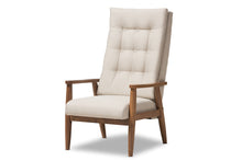 Load image into Gallery viewer, Baxton Studio Roxy Mid-Century Modern Walnut Brown Finish Wood and Light Beige Fabric Upholstered Button-Tufted High-Back Chair