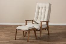 Load image into Gallery viewer, Baxton Studio Roxy Mid-Century Modern Walnut Wood Finishing and Light Beige Fabric Upholstered Button-Tufted High-Back Lounge Chair and Ottoman Set
