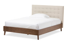 Load image into Gallery viewer, Baxton Studio Alinia Mid-century Retro Modern Light Beige Fabric Upholstered Walnut Wood Queen Size Platform Bed