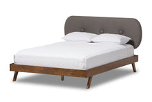 Load image into Gallery viewer, Baxton Studio Penelope Mid-Century Modern Solid Walnut Wood Grey Fabric Upholstered Full Size Platform Bed