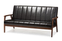 Load image into Gallery viewer, Baxton Studio Nikko Mid-century Modern Scandinavian Style Black Faux Leather Wooden 3-Seater Sofa