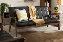 Load image into Gallery viewer, Baxton Studio Nikko Mid-century Modern Scandinavian Style Black Faux Leather Wooden 3-Seater Sofa