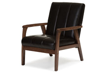 Load image into Gallery viewer, Baxton Studio Nikko Mid-century Modern Scandinavian Style Dark Brown Faux Leather Wooden Lounge Chair