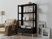 Load image into Gallery viewer, Baxton Studio Kalien Modern and Contemporary Dark Brown Wood Leaning Bookcase with Display Shelves and Two Drawers