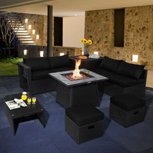 Load image into Gallery viewer, 9 Pieces Outdoor Wicker Sectional with 35 Inch Gas Fire Pit Table-Black