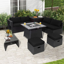 Load image into Gallery viewer, 9 Pieces Outdoor Wicker Sectional with 35 Inch Gas Fire Pit Table-Black