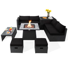 Load image into Gallery viewer, 9 Pieces Outdoor Wicker Sectional with 35 Inch Gas Fire Pit Table-Black