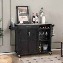 Load image into Gallery viewer, 2-Door Rolling Kitchen Island Cart with Stainless Steel Top and Wine Storage Shelf-Black